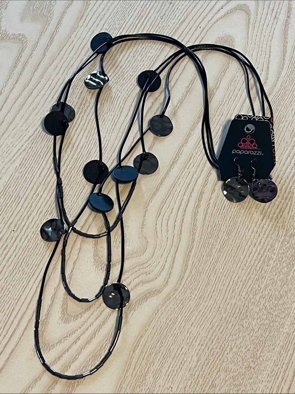 Paparazzi Black Layered Disc Necklace with Matching Earrings